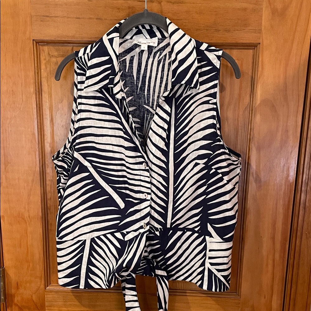 Navy and White Leaf Print Women's Top